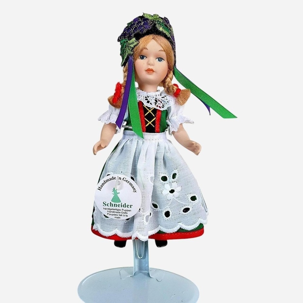 Vintage Schneider German Handcrafted Porcelain Doll In Traditional Dress Costume